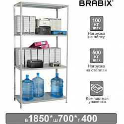 Стеллаж металлический BRABIX "MS KD-185/40/70-4", 1850х700х400 мм, 4 полки, компактная упаковка, 291113, S240BR124402