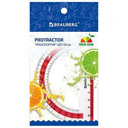 Транспортир 10 см BRAUBERG "FRESH ZONE", 180 градусов, пластик, прозрачный, красная шкала, 210760