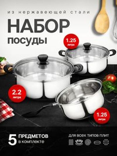 Набор стальной посуды на тёмном