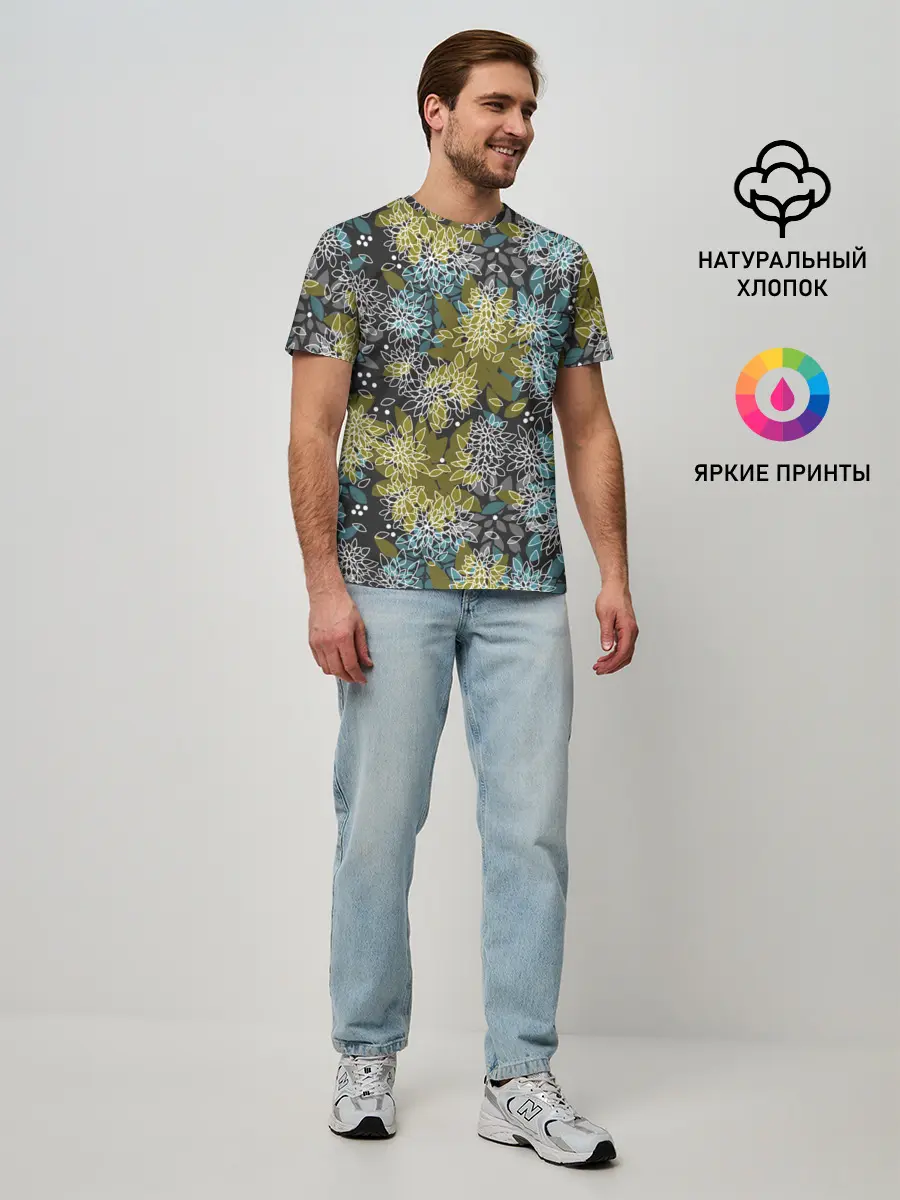 Мужская базовая футболка / Черно оливковый цветочный