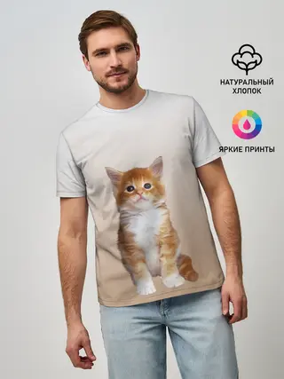 Мужская базовая футболка / бело-рыжий котенок реализм