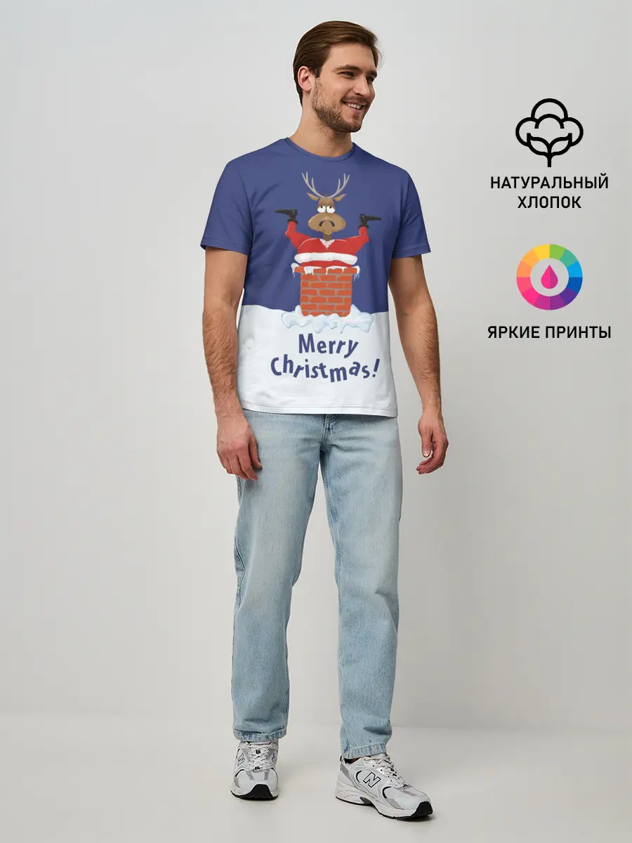 Мужская базовая футболка / Санта в трубе с Оленем