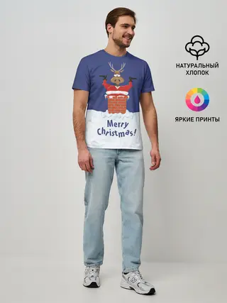 Мужская базовая футболка / Санта в трубе с Оленем