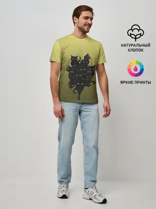 Мужская базовая футболка / много черных котов
