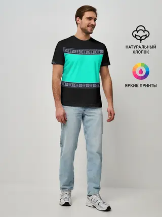 Мужская базовая футболка / Черно-бирюзовый узор