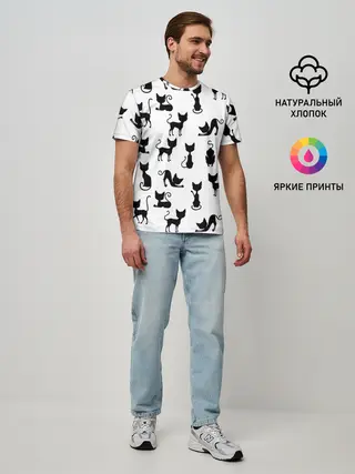 Мужская базовая футболка / КОШКИ БЕЛОЕ НА ЧЕРНОМ