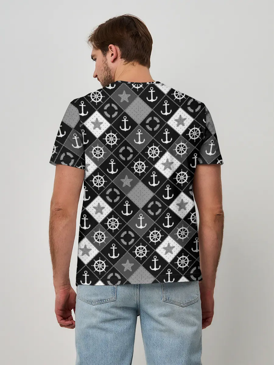 Мужская базовая футболка / Черно-белый морской плед