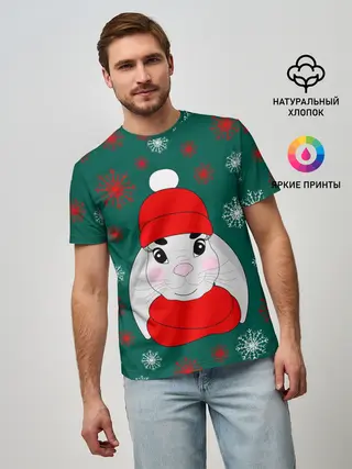 Мужская базовая футболка / зимний кролик и снежинки