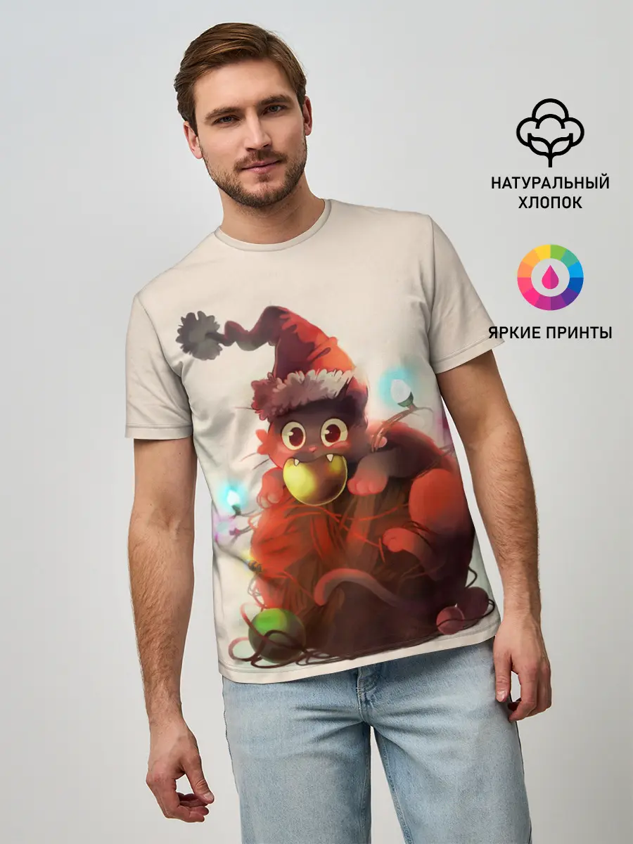 Мужская базовая футболка / Новогодний кот