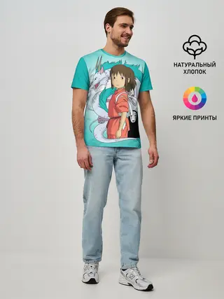 Мужская базовая футболка / Тихиро и Хаку зеленый фон