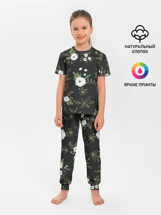 Детская пижама с брюками / Белые хризантемы