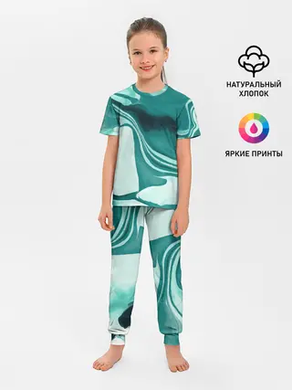 Детская пижама с брюками / красочный зелёный развод