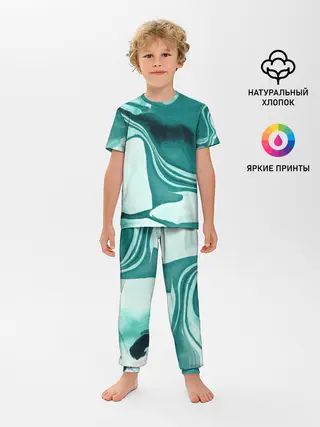 Детская пижама с брюками / красочный зелёный развод