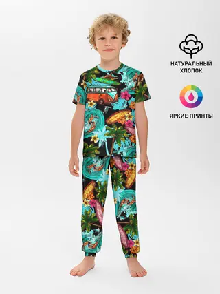 Детская пижама с брюками / Пальмы, волны, серфинг