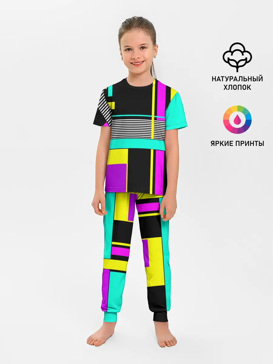 Детская пижама с брюками / Геометрический неоновый узор
