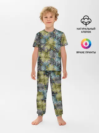 Детская пижама с брюками / Черно оливковый цветочный