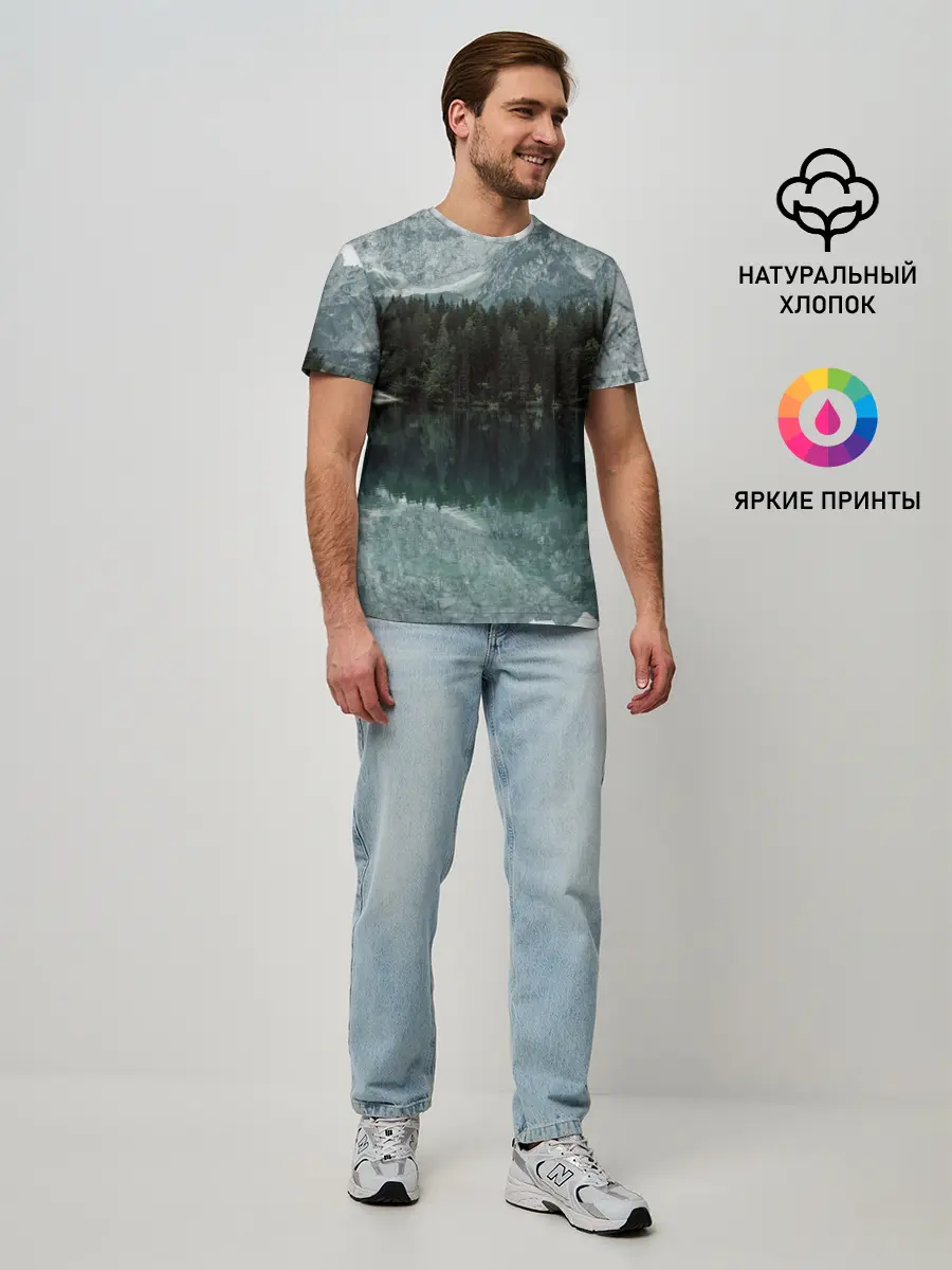 Мужская базовая футболка / отражение горы в озере