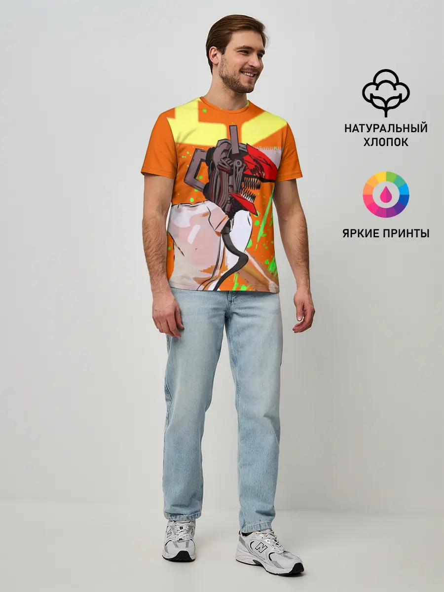 Мужская базовая футболка / Человек-Бензопила на голубом фоне