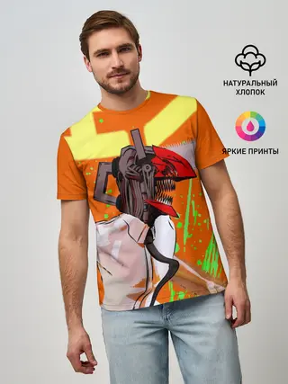 Мужская базовая футболка / Человек-Бензопила на голубом фоне