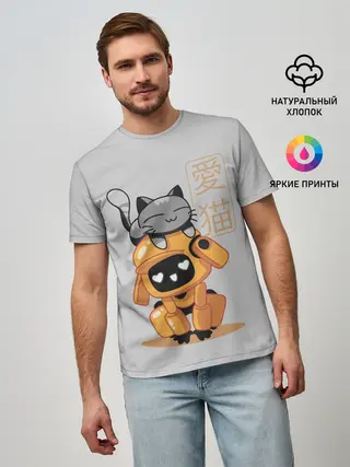 Мужская базовая футболка / Cat and Robot