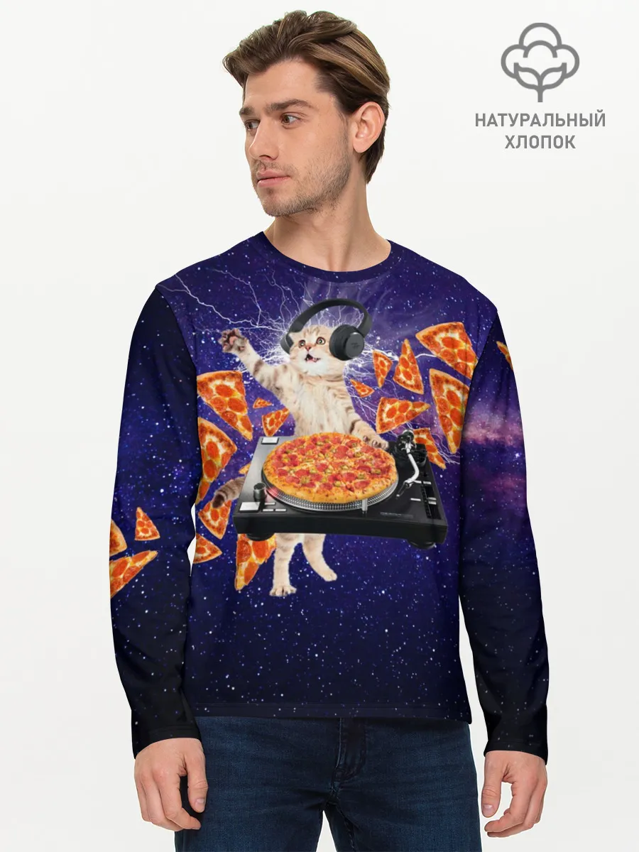 Мужской лонгслив базовый / Пицца - Кот