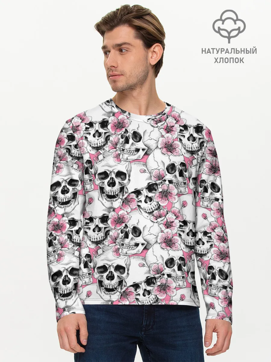 Мужской лонгслив базовый / Черепа в цветах