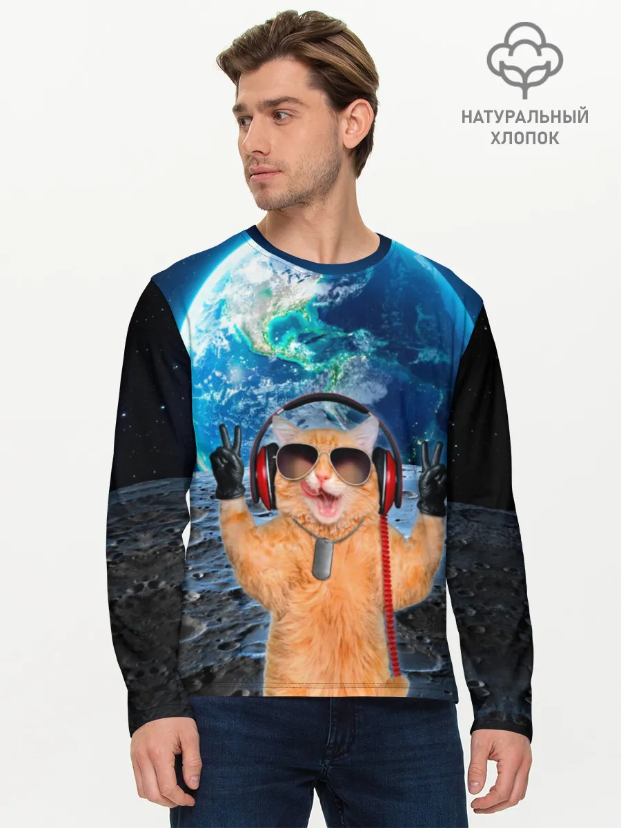 Мужской лонгслив базовый / Кот на луне