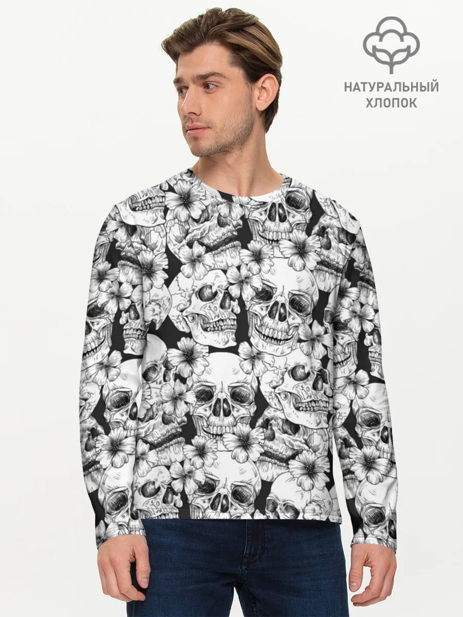 Мужской лонгслив базовый / Черепа в цветах