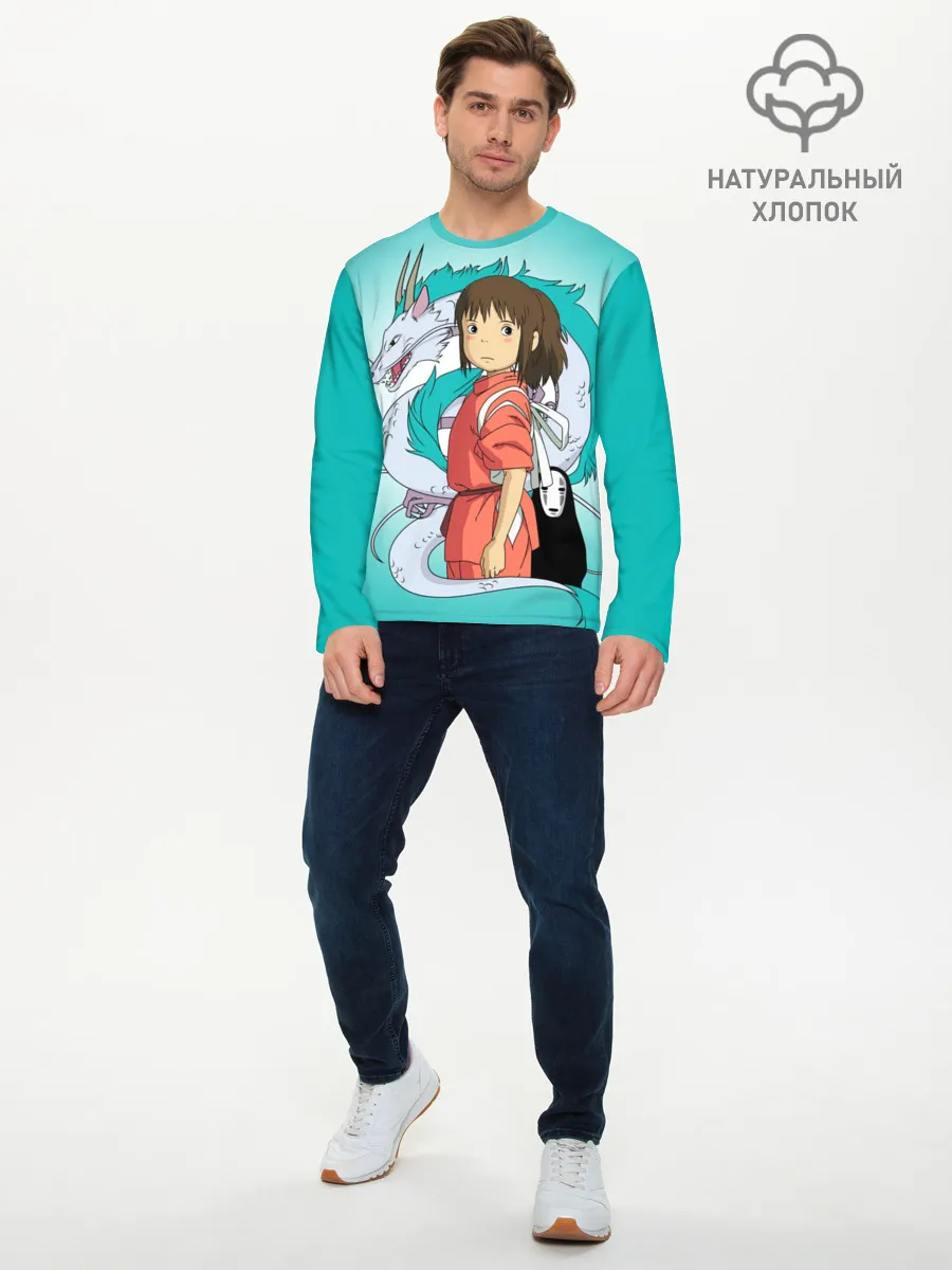 Мужской лонгслив базовый / Тихиро и Хаку зеленый фон