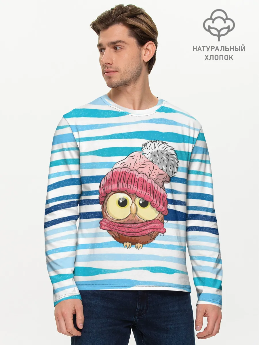 Мужской лонгслив базовый / Сова в шапке