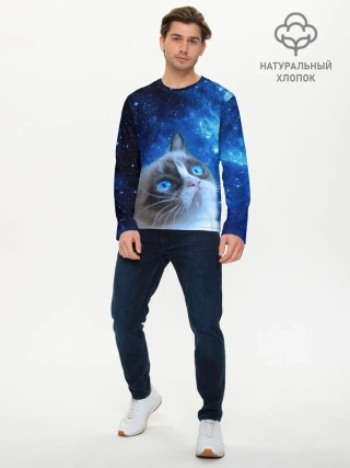 Мужской лонгслив базовый / Сердитый кот в космосе