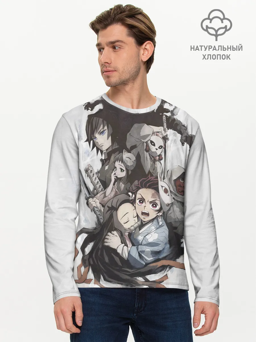 Мужской лонгслив базовый / Kimetsu no Yaiba на сером