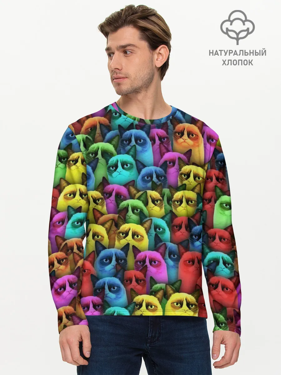 Мужской лонгслив базовый / Разноцветные сердитые коты