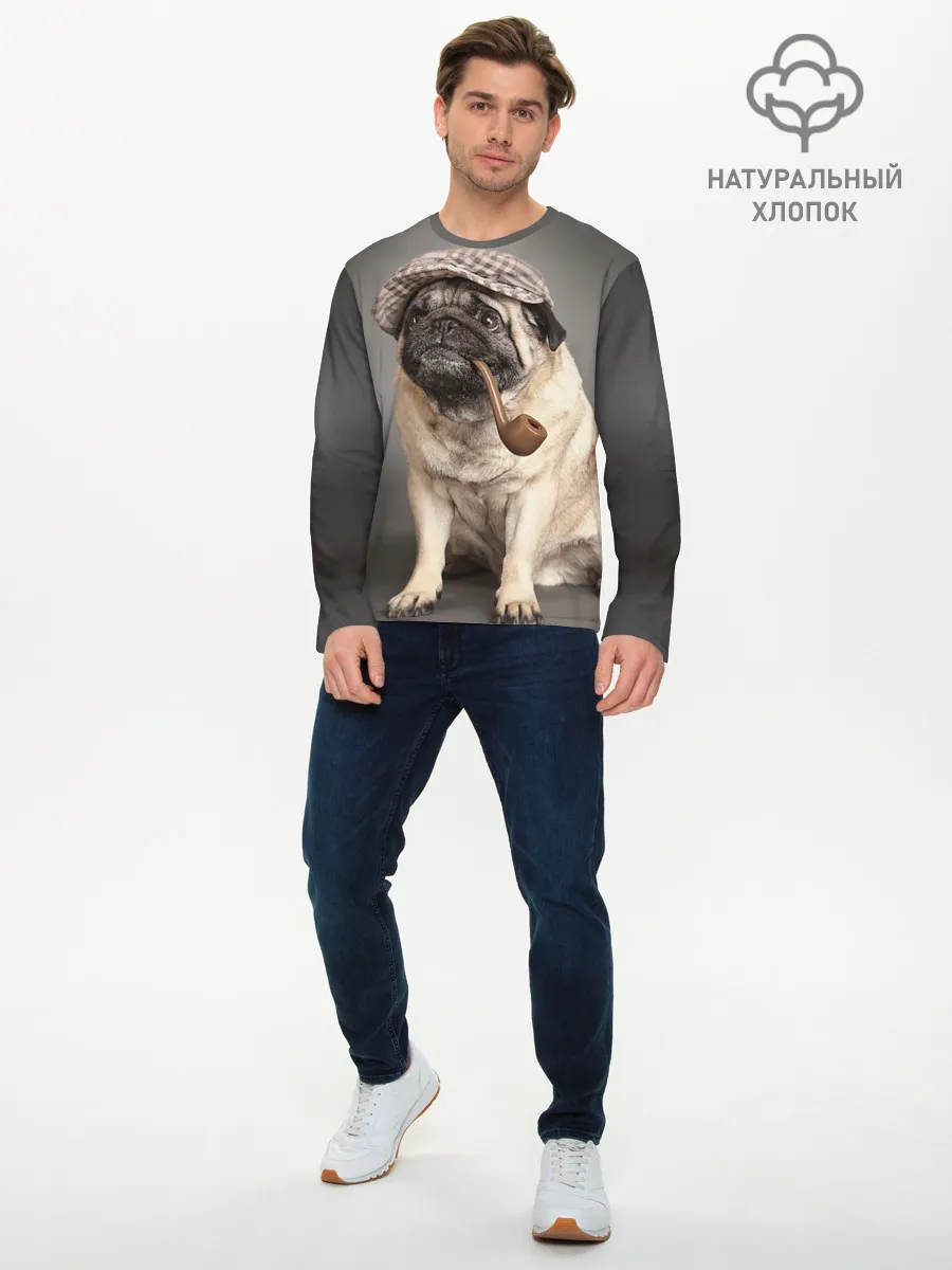 Мужской лонгслив базовый / Мопс в кепке