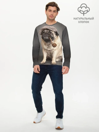 Мужской лонгслив базовый / Мопс в кепке