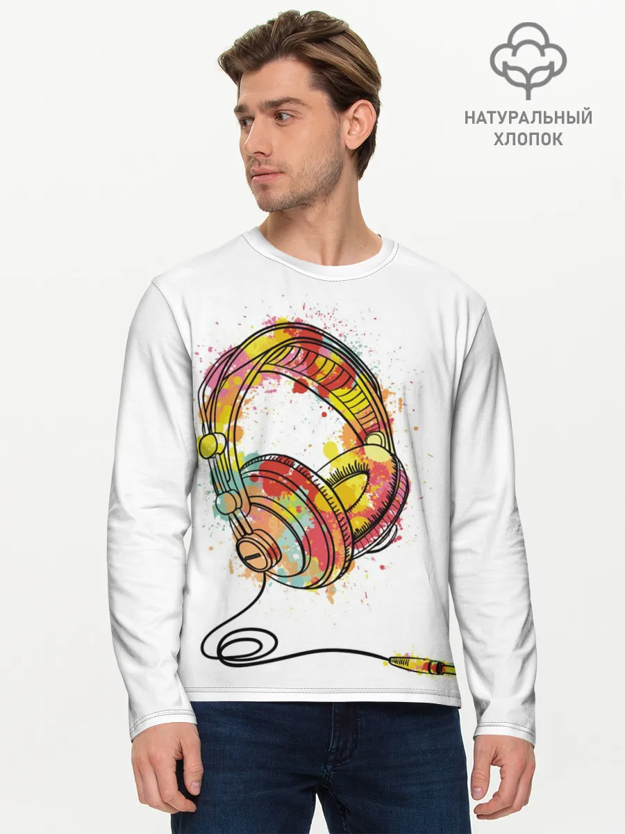 Мужской лонгслив базовый / Красочные наушники