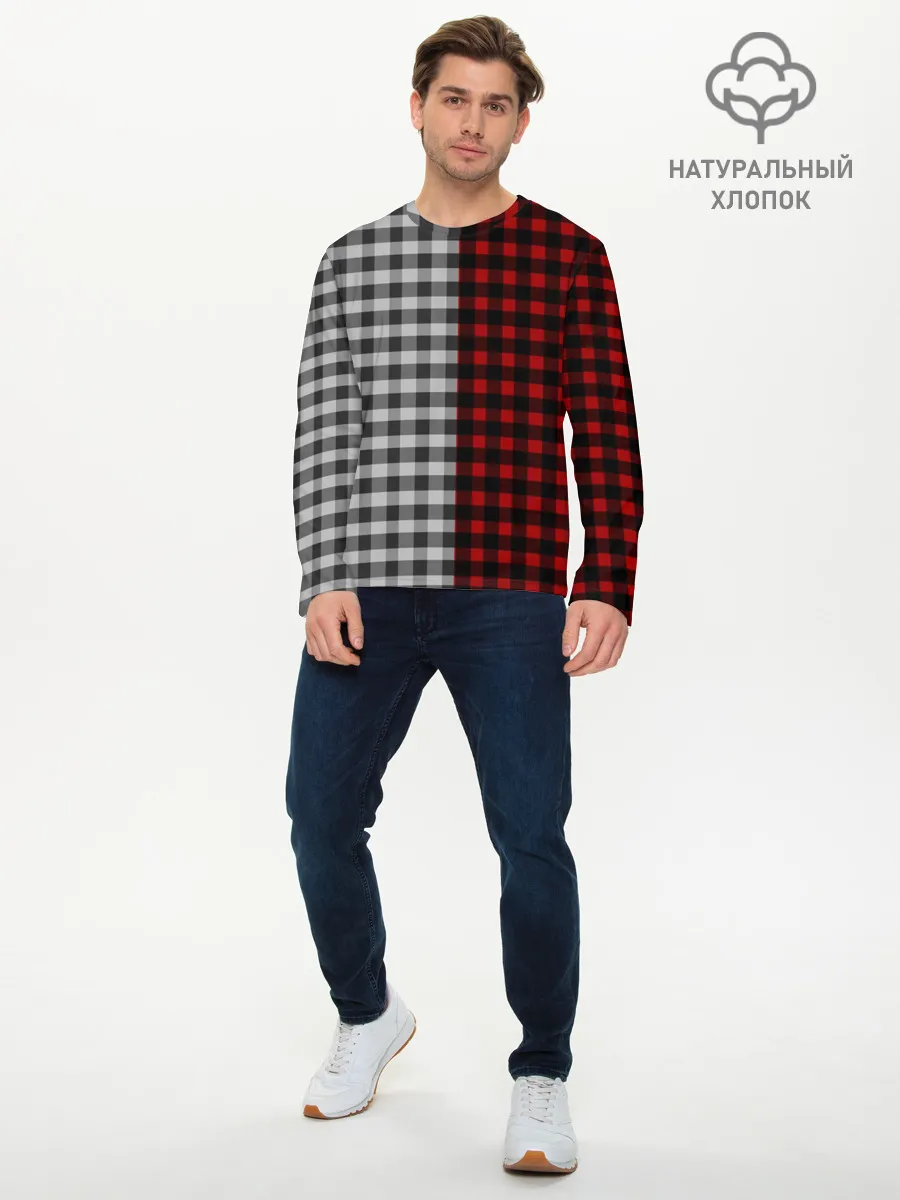Мужской лонгслив базовый / Красно белая рубашка в клетку