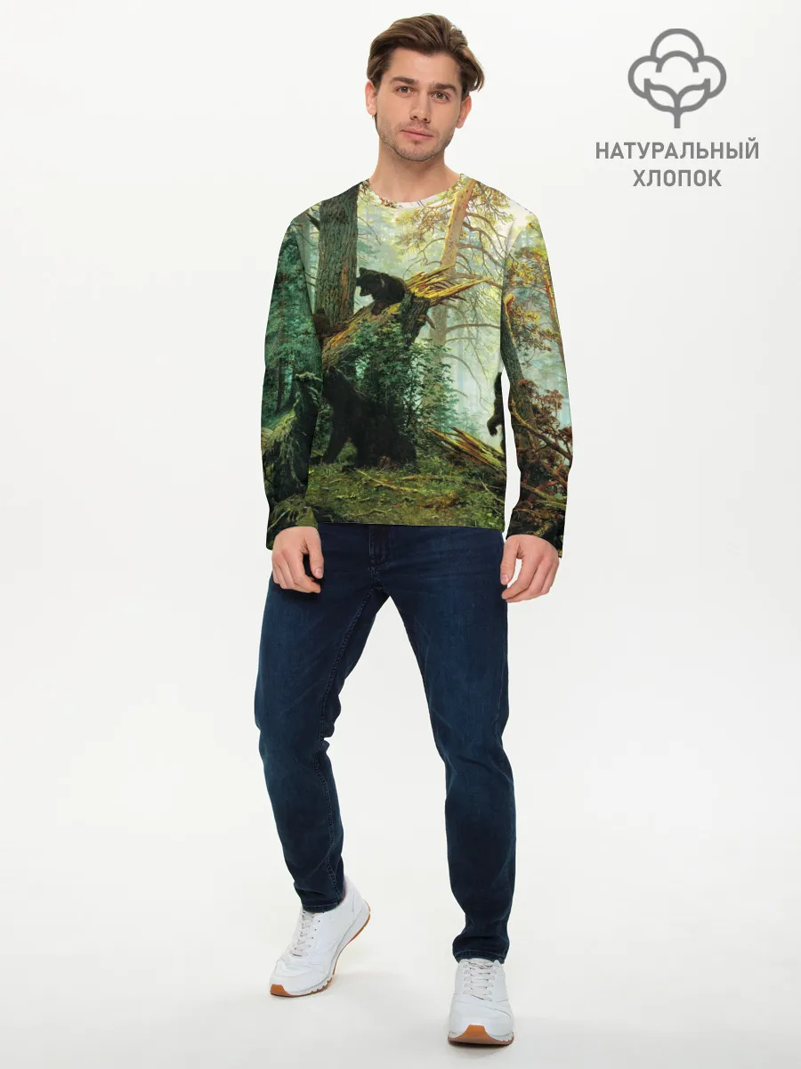 Мужской лонгслив базовый / Утро в сосновом лесу
