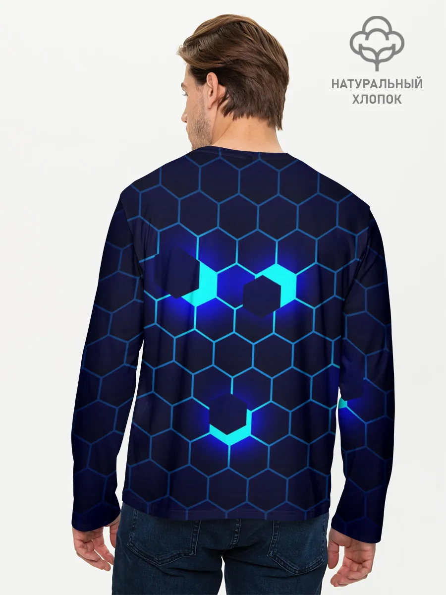 Мужской лонгслив базовый / СИНИЕ СОТЫ В НЕОНЕ