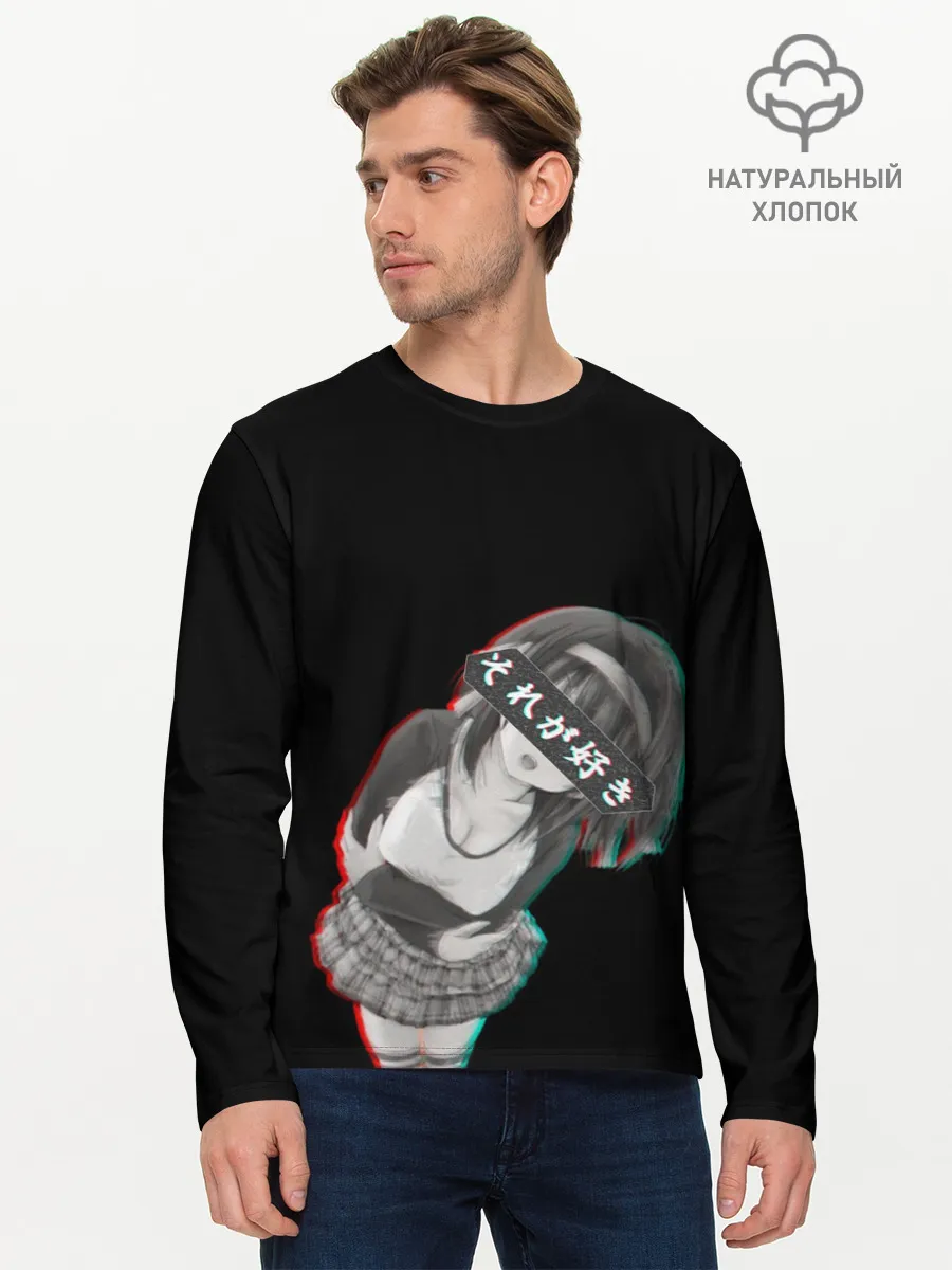 Мужской лонгслив базовый / Anime Girl with hieroglyphs