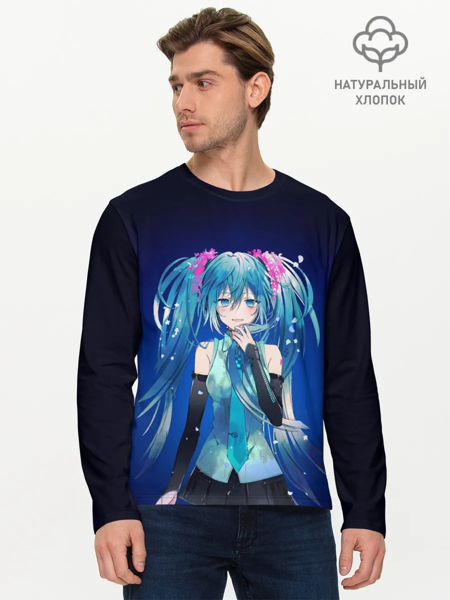 Мужской лонгслив базовый / Hatsune Miku на черном фоне