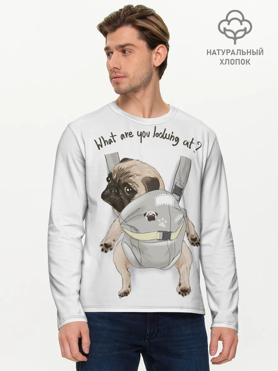 Мужской лонгслив базовый / Мопс в рюкзаке