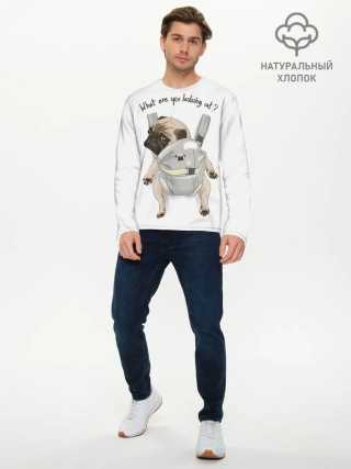 Мужской лонгслив базовый / Мопс в рюкзаке