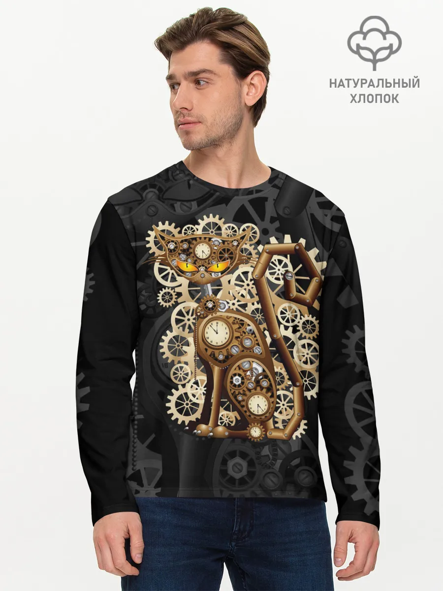 Мужской лонгслив базовый / Кошка в стиле стимпанк