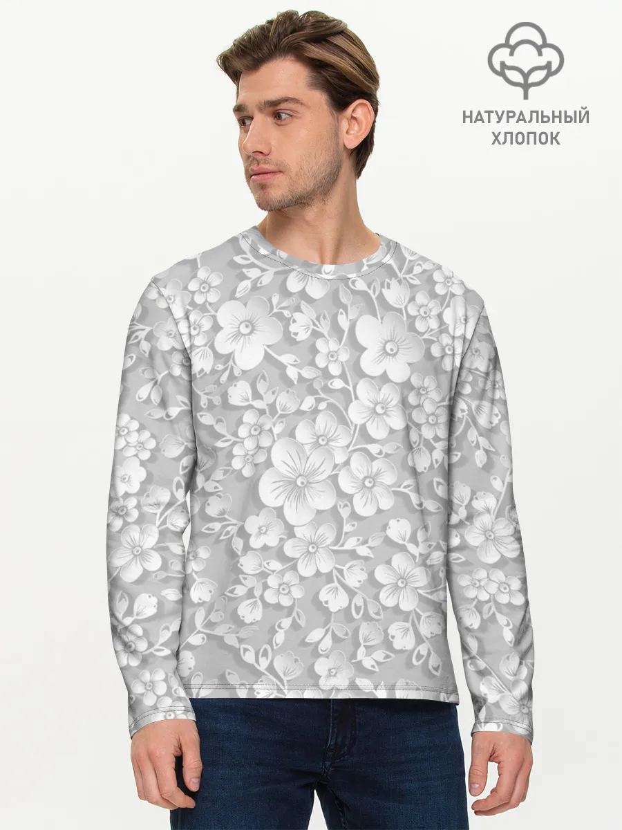 Мужской лонгслив базовый / Белые цветы