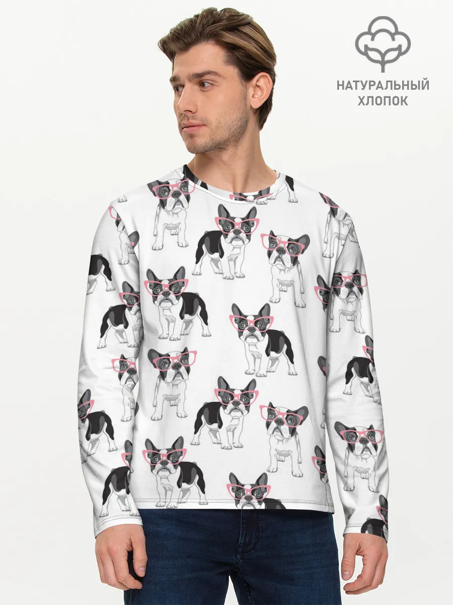 Мужской лонгслив базовый / Французские бульдоги в очках