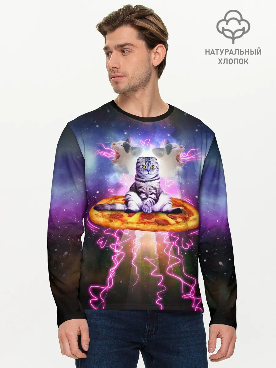 Мужской лонгслив базовый / Кот на пицце