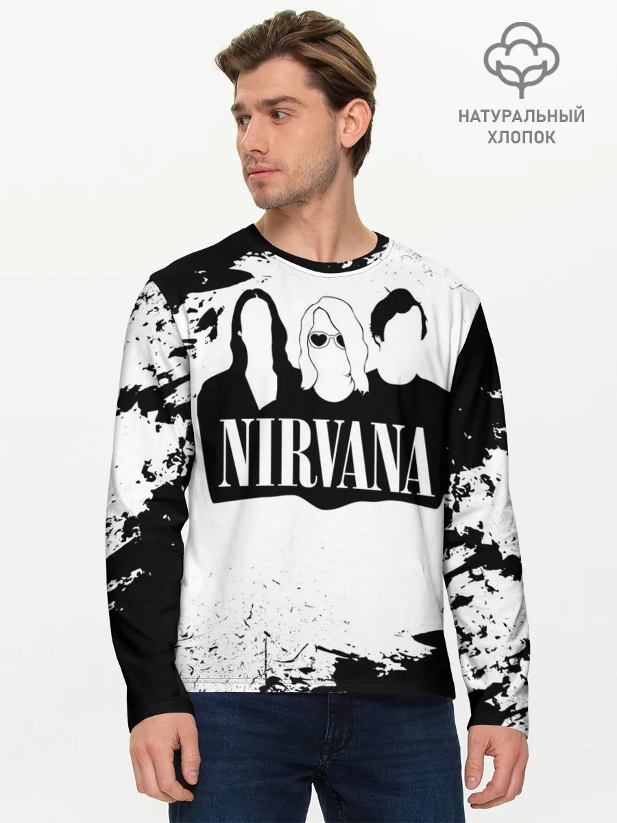 Мужской лонгслив базовый / Нирвана Рок Группа Гранж ЧБ | Nirvana