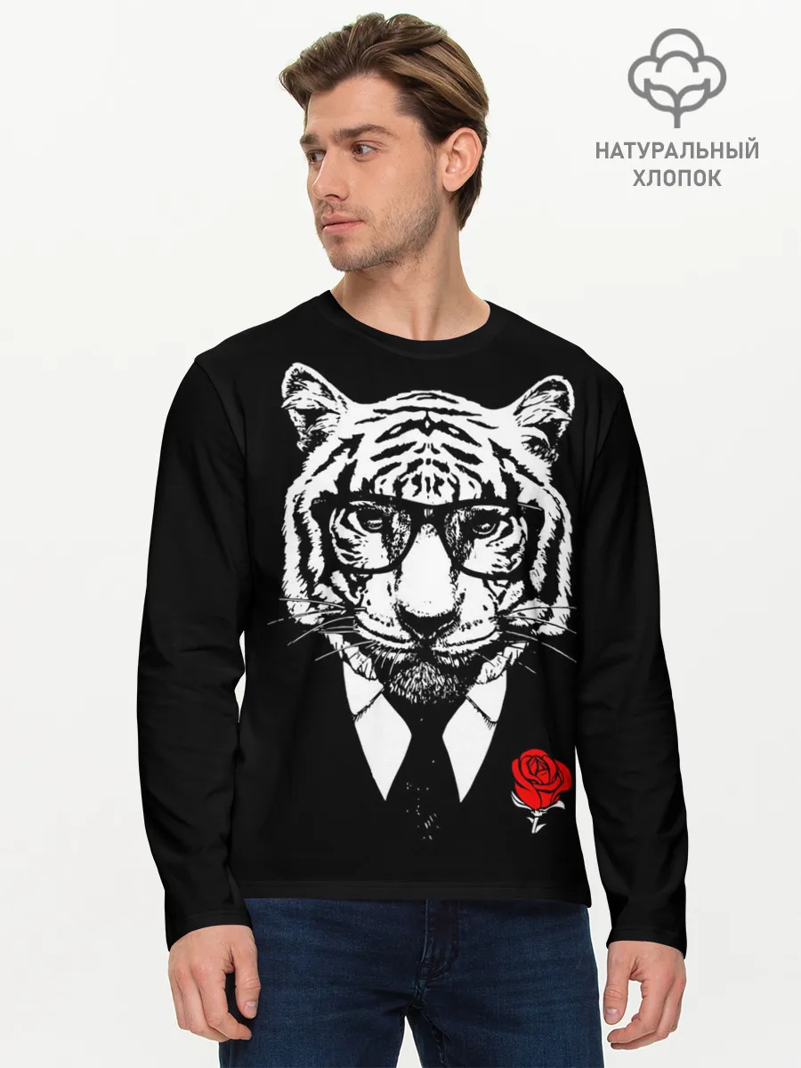Мужской лонгслив базовый / Тигр с красной розой