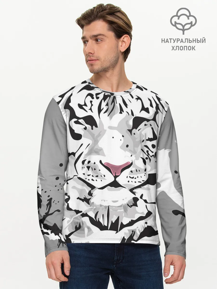 Мужской лонгслив базовый / Белый снежный тигр
